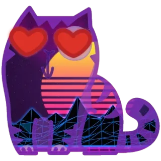 😍 고양이, 사랑, 하트 눈, 레트로, 80년대, 일몰, 베이퍼웨이브 telegram sticker