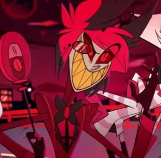 🍾 Alastor Hazbin Hotel demon, radiowiec, czerwony, uśmiechnięty, kreskówka telegram sticker