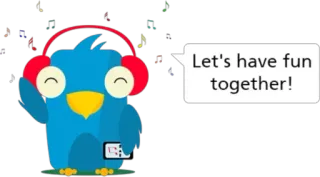 🎶 Let's have fun together! pássaro, música, fones de ouvido, diversão, desenho animado, feliz, juntos telegram sticker