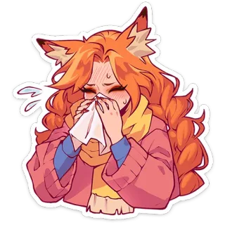 🤒 doente, constipação, gripe, lenço, anime, menina raposa, desenho animado whatsapp sticker