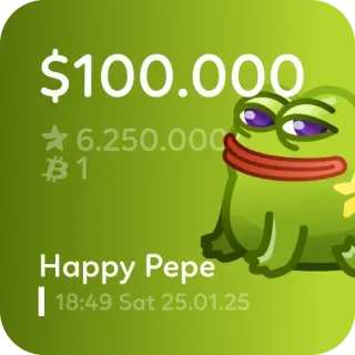 🐸 Pepe $100.000 6.250 1 Happy Pepe 18:49 Sat 25.01.25 Pepe, Frosch, Meme, Geld, Bitcoin telegram sticker