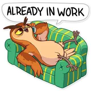 ✋ ALREADY IN WORK burung hantu, malas, kerja, kartun, sofa, telepon telegram sticker