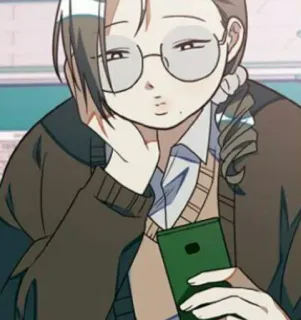 📱 cartoon, woman, glasses, sweater, phone, anime telegram sticker