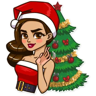 👋 คริสต์มาส, หมวกซานต้า, ต้นคริสต์มาส, ผู้หญิง, การ์ตูน, วันหยุด telegram sticker