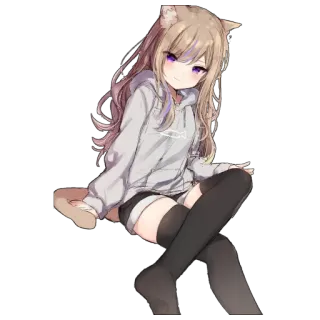 😌 Anime meisje, Kattenoortjes, Hoodie, Hoge sokken, Kawaii, Schattig, Anime telegram sticker