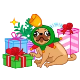 🎁 หมา, ปั๊ก, คริสต์มาส, วันหยุด, ของขวัญ, ของขวัญ, กระดิ่ง, ต้นไม้, การ์ตูน telegram sticker