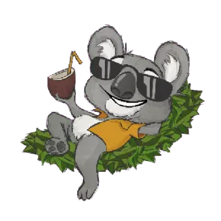 🍹 koala, sunglasses, drink, cartoon, relaxing, leaves, chill telegram sticker