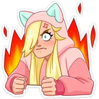 😡 en colère, contrarié, dessin animé, feu, chat, pyjama, oreilles de chat, mignon whatsapp sticker