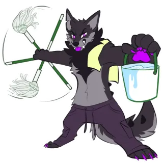 ✨ Furry, Antropomórfico, Lobo, Esfregona, Limpeza, Balde telegram sticker