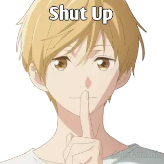 🃏 Shut Up อนิเมะ, ชู่ว, เอานิ้วแตะปาก, เงียบ, ผมสีบลอนด์, เด็กผู้ชายอนิเมะ telegram sticker