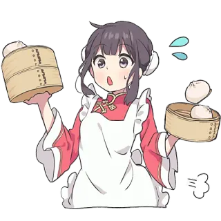 😯 chica anime, empanadillas, bollos al vapor, kawaii, sirvienta, vestido chino, dibujos animados, comida telegram sticker