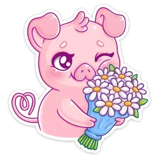 💐 schwein, tier, niedlich, blumen, strauß, zwinkern, cartoon telegram sticker