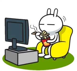 📺 królik, kreskówka, oglądanie TV, jedzenie, makaron, krzesło telegram sticker
