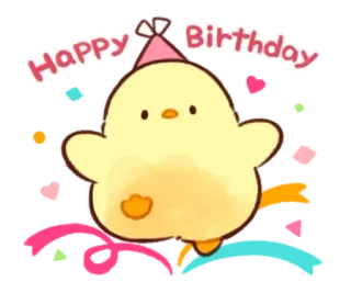 🤩 Happy Birthday feliz cumpleaños, celebración, pollito lindo, sombrero de fiesta, confeti whatsapp sticker