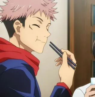 ➿ Yuji Itadori Jujutsu Kaisen anime, comiendo, palillos, comida, dibujos animados telegram sticker