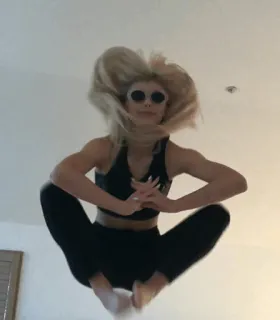 🌝 woman, jumping, fitness, athletic, exercise, blonde, sunglasses telegram sticker