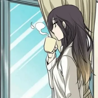 🍙 femme, café, matin, fenêtre, anime, manga, fille telegram sticker