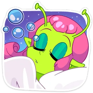 💤 Alien, Desenho animado, Fofo, Sono, Bolhas, Rosa, Verde telegram sticker