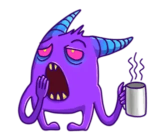☕ Monster, schläfrig, Kaffee, Cartoon, lila, gähnen whatsapp sticker