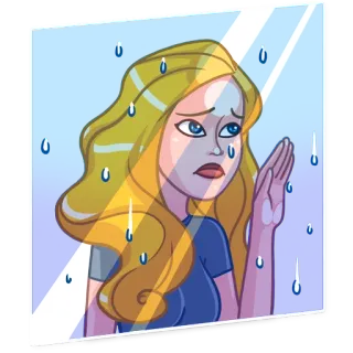 😕 Frau, traurig, weinend, Fenster, Regen, blond, Cartoon whatsapp sticker