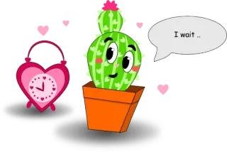 ⏰ I wait .. кактус, ожидание, сердце, часы, любовь, растение whatsapp sticker