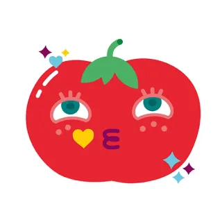 💋 tomate, mignon, kawaii, baiser, étincelle, coeur, yeux, dessin animé, nourriture telegram sticker