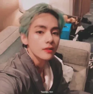 🐯 Taeddyy Kim homem, retrato, cabelo verde, kpop, asiático, selfie telegram sticker