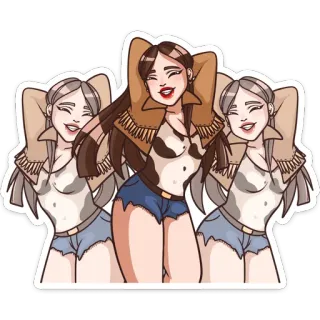💃 donna, cartone animato, cowgirl, shorts di jeans, giacca, sorridente whatsapp sticker