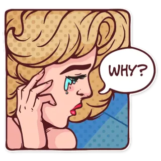 😔 WHY? cartoon, sad, crying, woman, blonde, comic style, question telegram sticker