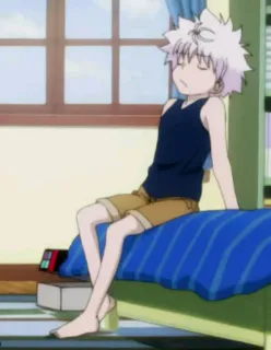 😑 Killua Zoldyck Hunter x Hunter アニメ, キャラクター, 少年, 座り, 休憩 telegram sticker