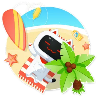 😛 猫, ロボット, ビーチ, 夏, サーフボード, ヤシの木, バケーション telegram sticker