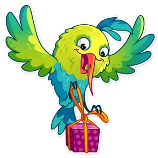 🎁 vogel, papegaai, cadeau, geschenk, kleurrijk, cartoon, dier telegram sticker
