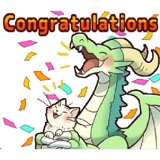 🎉 Congratulations! félicitations, dragon, chat, fête, confettis, autocollant, festif, salutation telegram sticker