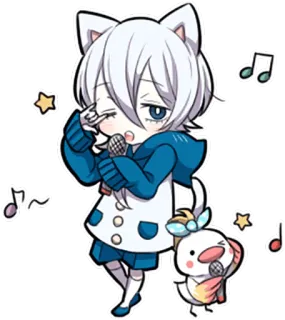 🎤 Anime, Chibi, Kocie uszy, Piosenkarz, Mikrofon, Nuty telegram sticker