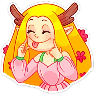 😛 chica ciervo, elfo, lindo, dibujos animados, cara graciosa, cuernos, tonto telegram sticker