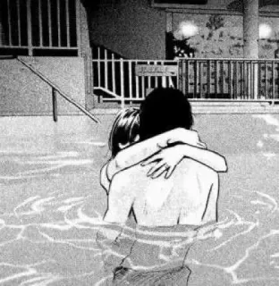 😞 pareja, abrazo, piscina, agua, amor, romance telegram sticker