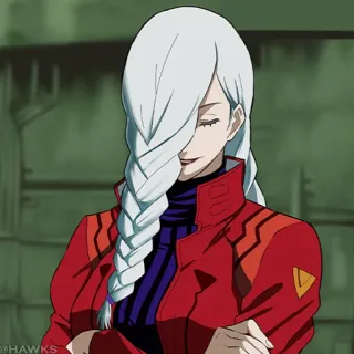 😏 @HAWKS animé, femme, veste rouge, cheveux blancs, sérieux, dessin animé telegram sticker
