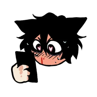 😳 애니메이션, 볼 빨개짐, 전화, 고양이 귀, 검은 머리 telegram sticker