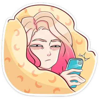 😕 cewek, telepon, mengantuk, lelah, selimut, kartun, stiker telegram sticker