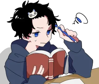 🤓 Anime, Estudiando, Libro, Bolígrafo, Pensando, Estudiante, Lindo whatsapp sticker