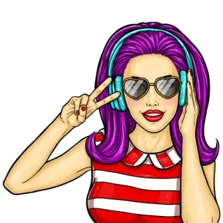✌️ Frau, Kopfhörer, Friedenszeichen, Pop Art, Sonnenbrille, Aufkleber, Cartoon, Mädchen telegram sticker