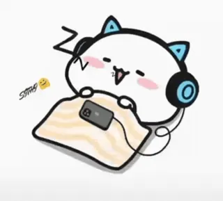 😂 SHH gato, fones de ouvido, fofo, desenho animado, sonolento, relaxante, música, shh whatsapp sticker