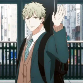 🗝 Anime, Männlich, Charakter, Blonde Haare, Anzug, Krawatte, Winken whatsapp sticker