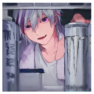🧃 Anime, Monster Energy, Boisson, Frigo, Canette, Cheveux argentés, Yeux violets telegram sticker