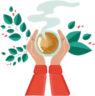 ☕️ มือ, ถ้วย, กาแฟ, ชา, ใบไม้, ผลเบอร์รี่สีแดง, เครื่องดื่ม, อบอุ่น telegram sticker