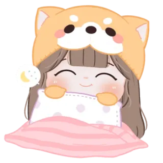 😼 menina, fofo, sonolento, kawaii, chapéu de cachorro, travesseiro, cama, desenho animado telegram sticker