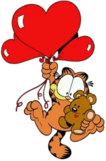 🎈 Garfield Garfield, gato, balões de coração, ursinho de pelúcia, desenho animado, amizade, amor, fofo telegram sticker