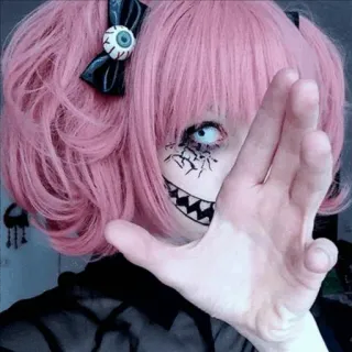 🌸 Макияж, Жуткий, Глазное яблоко, Грим, Розовые волосы, Косплей, Монстр telegram sticker