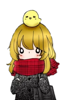 😶 fille anime, mignon, poule, écharpe, hiver, dessin animé telegram sticker