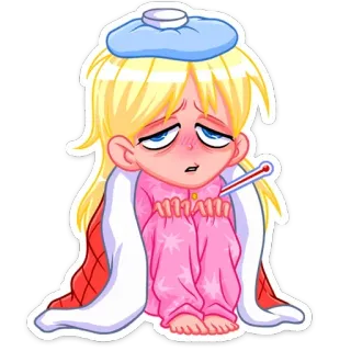 🤒 doente, mal, febre, termômetro, desenho animado, loira, exausto, triste telegram sticker